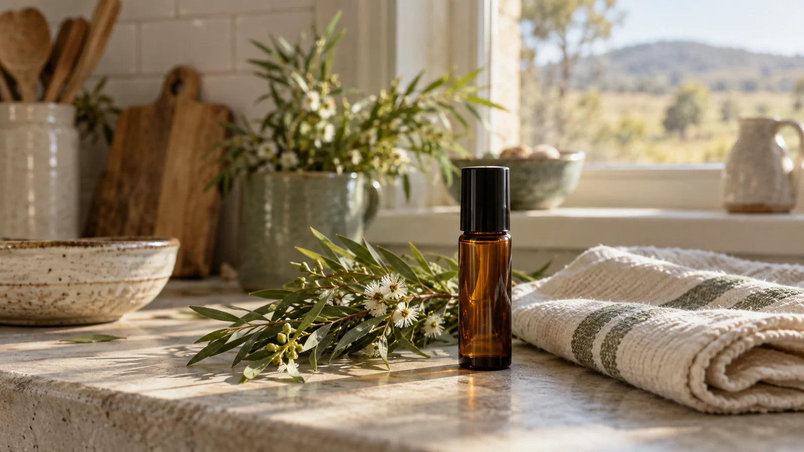 An amber roll-on bottle on a sunlit kitchen bench beside fresh tea tree sprigs