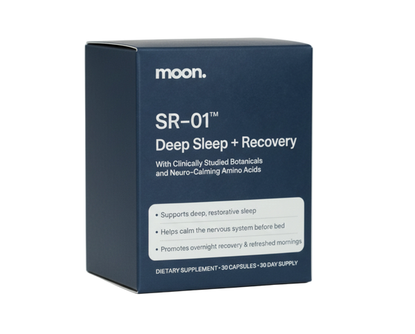 Blue box of moon SR-01™ Deep Sleep + Recovery supplement on a light gray background