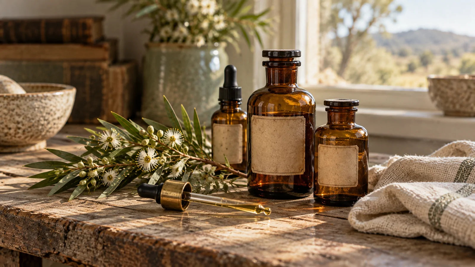 Antique amber apothecary bottles, a brass dropper and a dried tea tree branch